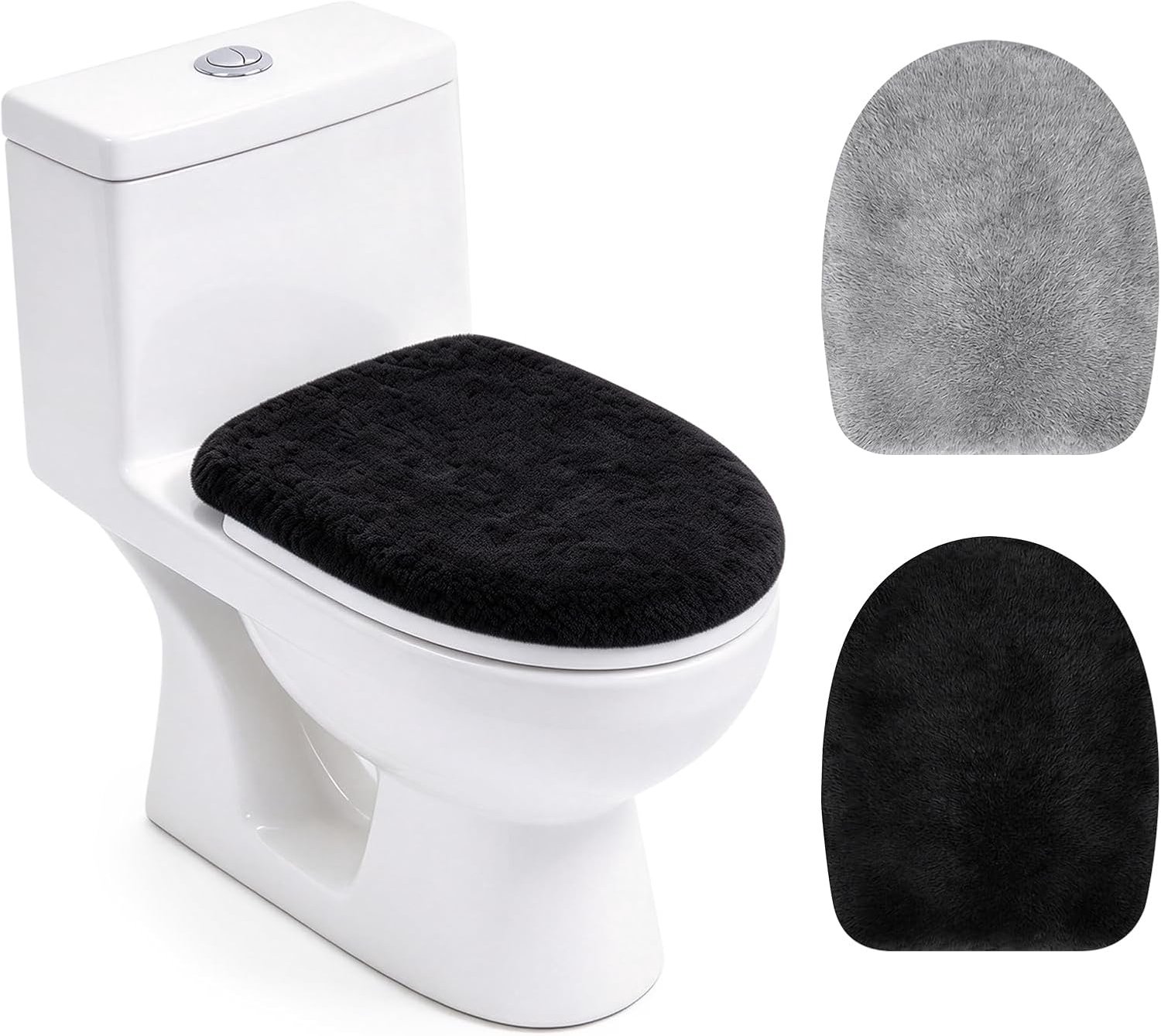 Toiletbrilhoes - WC-Brilhoesje - Toiletbril Cover - 2 stuks zwart en grijs - Universele Toiletbril Hoes - WC Bril Cover - pluisarm en warm - elastisch voor ronde en ovale toiletbrillen van 43 tot 58 cm - wasbaar