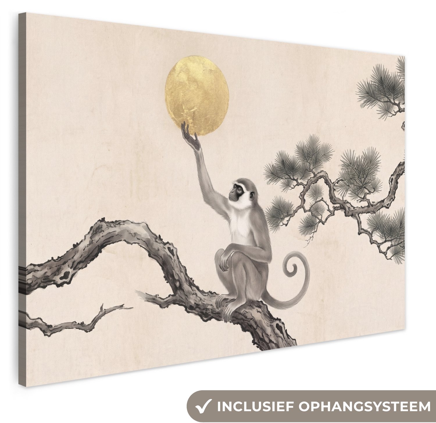 Canvas schilderij 180x120 cm - Exclusieve wanddecoratie Aap - Maan - Goud - Muurdecoratie woonkamer - Slaapkamer decoratie - Kamer accessoires - Schilderijen op canvas groot XXL