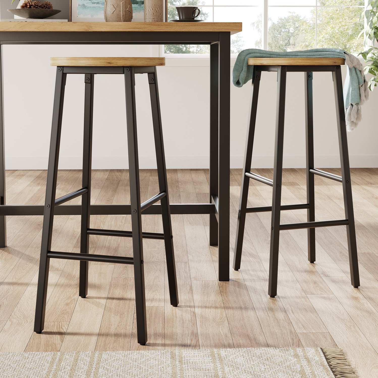 MODFU Barkrukken Set Van 2 - Ronde MDF-Zitting Met Houtlook - Voetsteunen - Zwart - 70 Cm