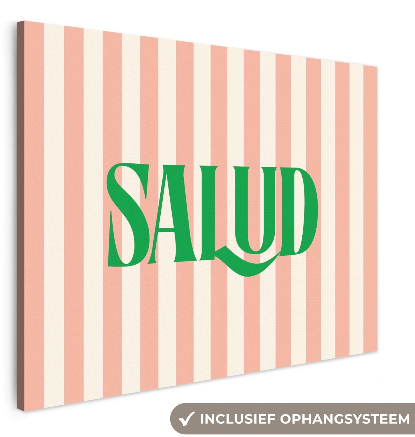 Canvas schilderij 160x120 cm - Exclusieve wanddecoratie Zachtroze - Groen - Strepen - Salud - Muurdecoratie woonkamer - Slaapkamer decoratie - Kamer accessoires - Schilderijen op canvas groot XXL