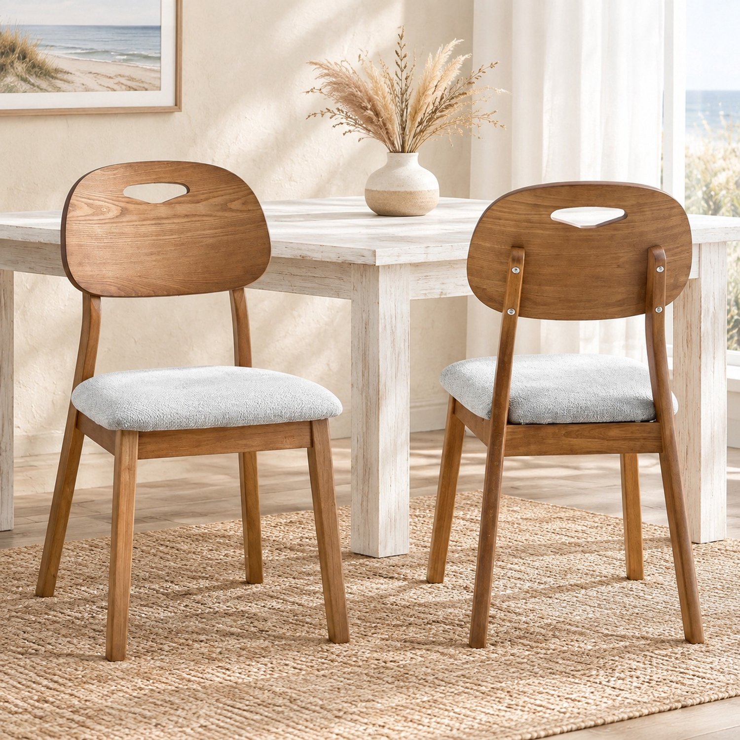 MODFU Eetkamerstoelen Set Van 2 - Ovale Rugleuning Met Draaggreep - Hout En Stof - Grijs En Bruin