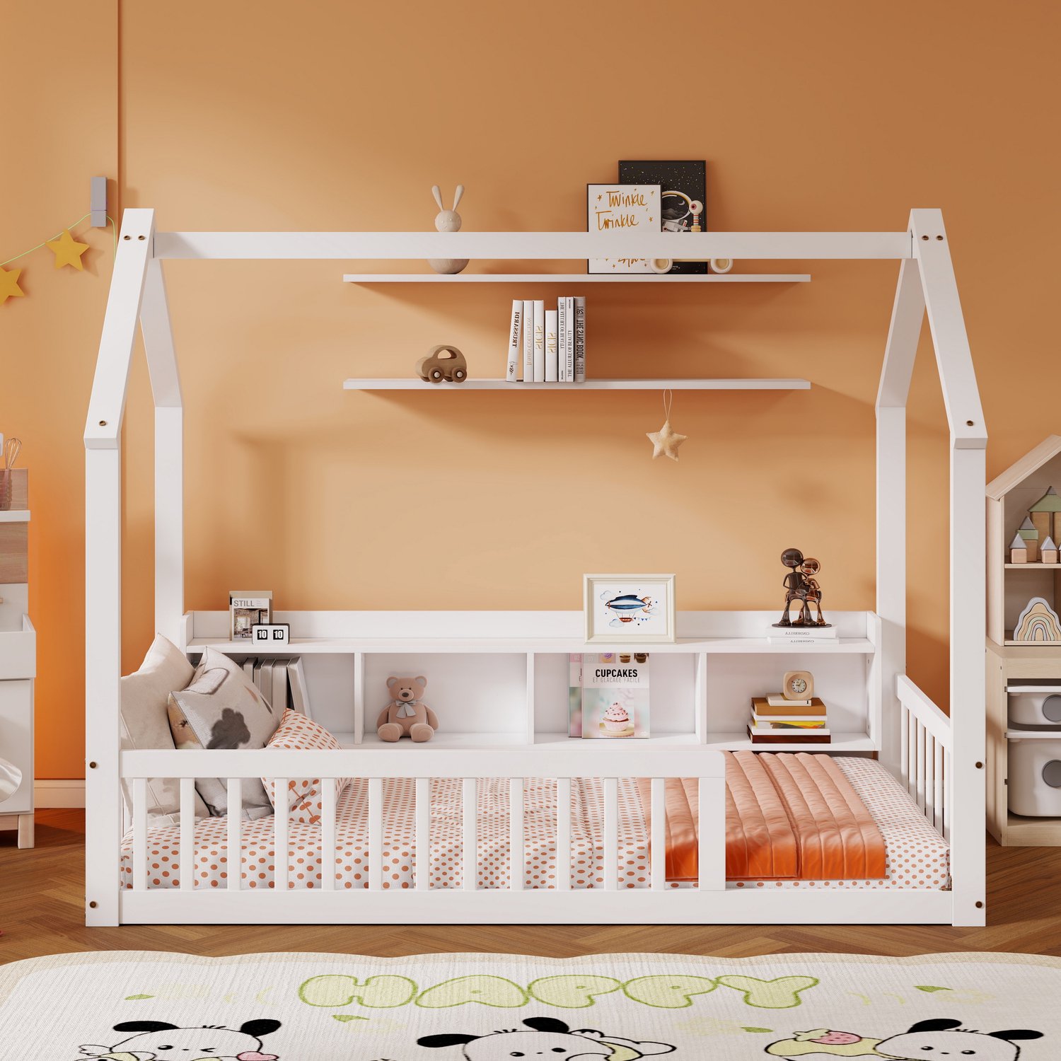 Wishdor Kinderbed 90x200 cm - Huisbed als laag vloerbed met open dakframe - Vier ingebouwde opbergvakken en veiligheidshek - Brede instap - Kinderkamer - Grenenhout en MDF - Wit