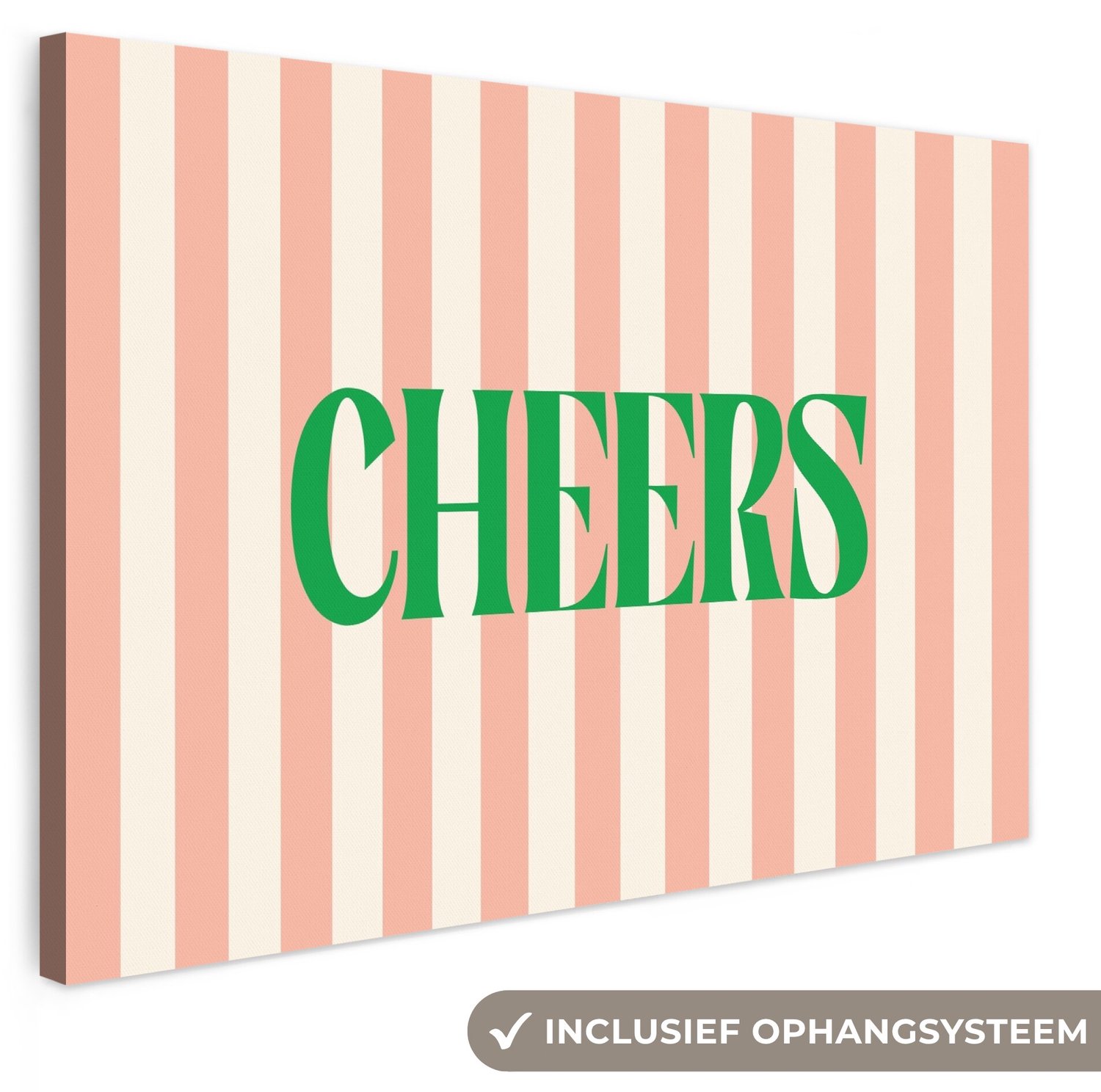 Canvas schilderij 140x90 cm - Exclusieve wanddecoratie Zachtroze - Groen - Strepen - Cheers - Muurdecoratie woonkamer - Slaapkamer decoratie - Kamer accessoires - Schilderijen op canvas groot XXL