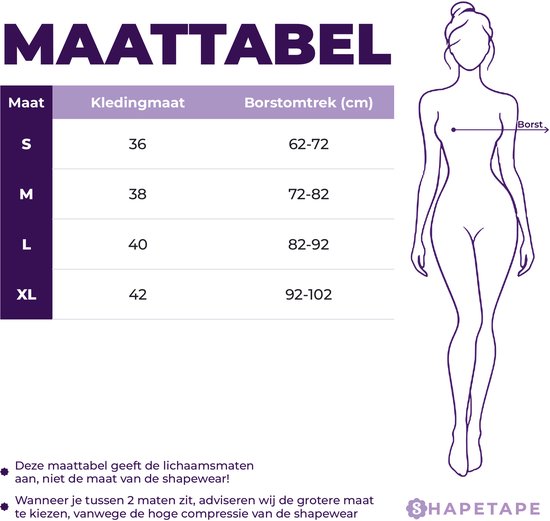 Maattabel met silhouet en instructies voor het opmeten van de borstomtrek voor Shapetape shapewear.