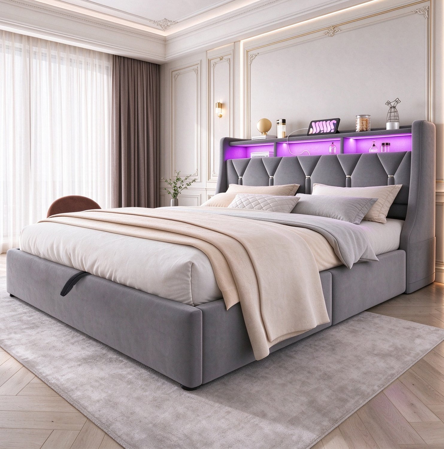 MIVRAY Gestoffeerd Bed 140x200 cm - Hydraulische Opbergruimte - Hoofdbord met Stopcontact - Ledlicht voor Slaapkamer Zonder Matras - Fluweel - Grijs