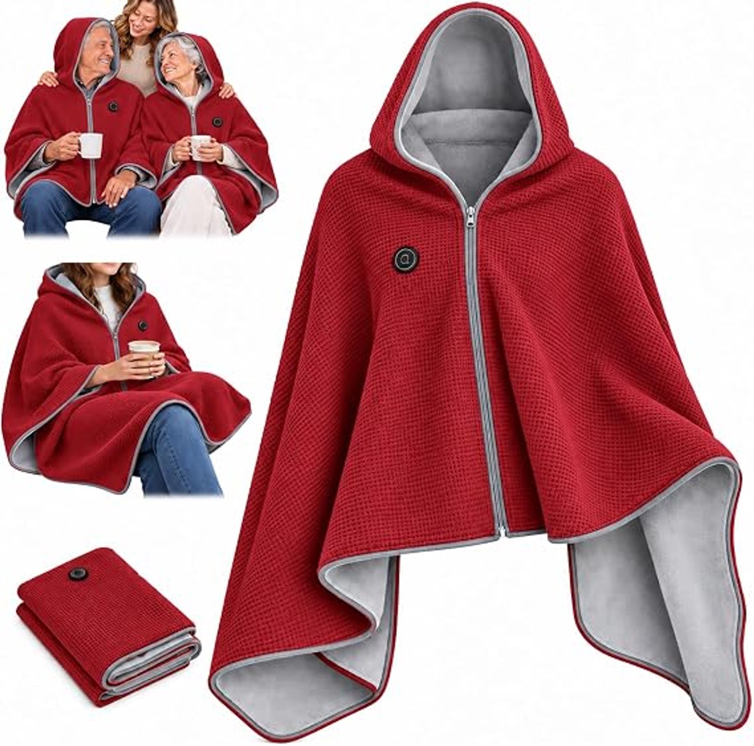 Elektrische deken - Verwarmde deken in cape-stijl - Verwarmde Schoudermantel - Verwarmde Hoodie Deken - Verwarmde deken - 3 Standen - USB-opladen - Snelle verwarming - Kerstcadeau - Geschikt voor gebruik buitenshuis en binnenshuis - Rood - 150x80cm