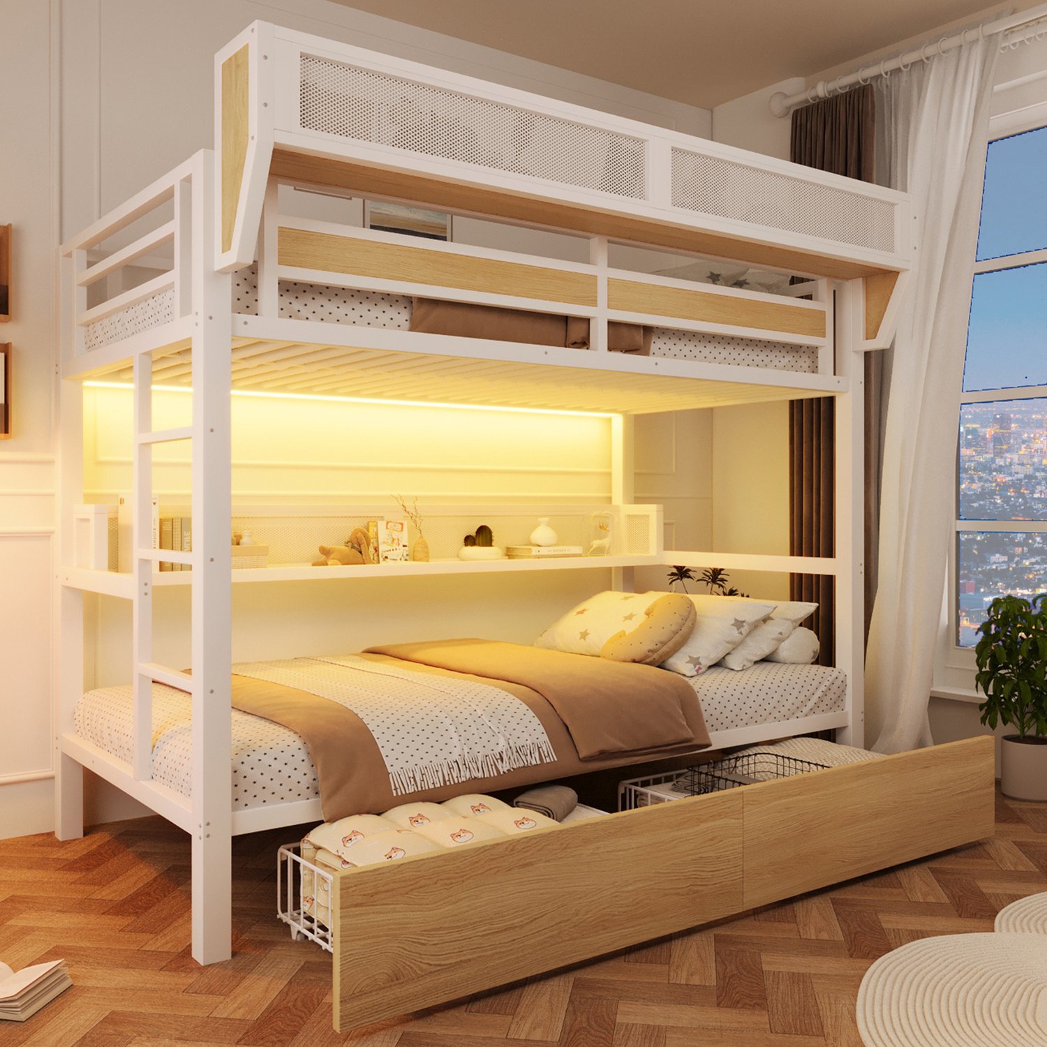 Zubaliya Stapelbed, 90 x 200 cm, ijzeren bed, plank, opbergmand, 2 ijzeren laden, LED-lamp, zonder matras, wit