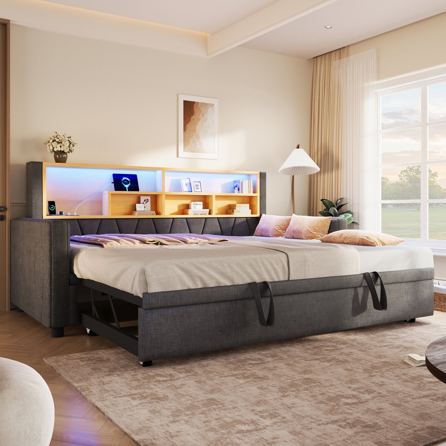 Zubaliya Dagbed, dagbed, 90 × 200 cm, 180 × 200 cm, multifunctioneel uitschuifbaar bed-ontwerp met LED-lichtbalk, stopcontact, zonder matras, linnen, grijs