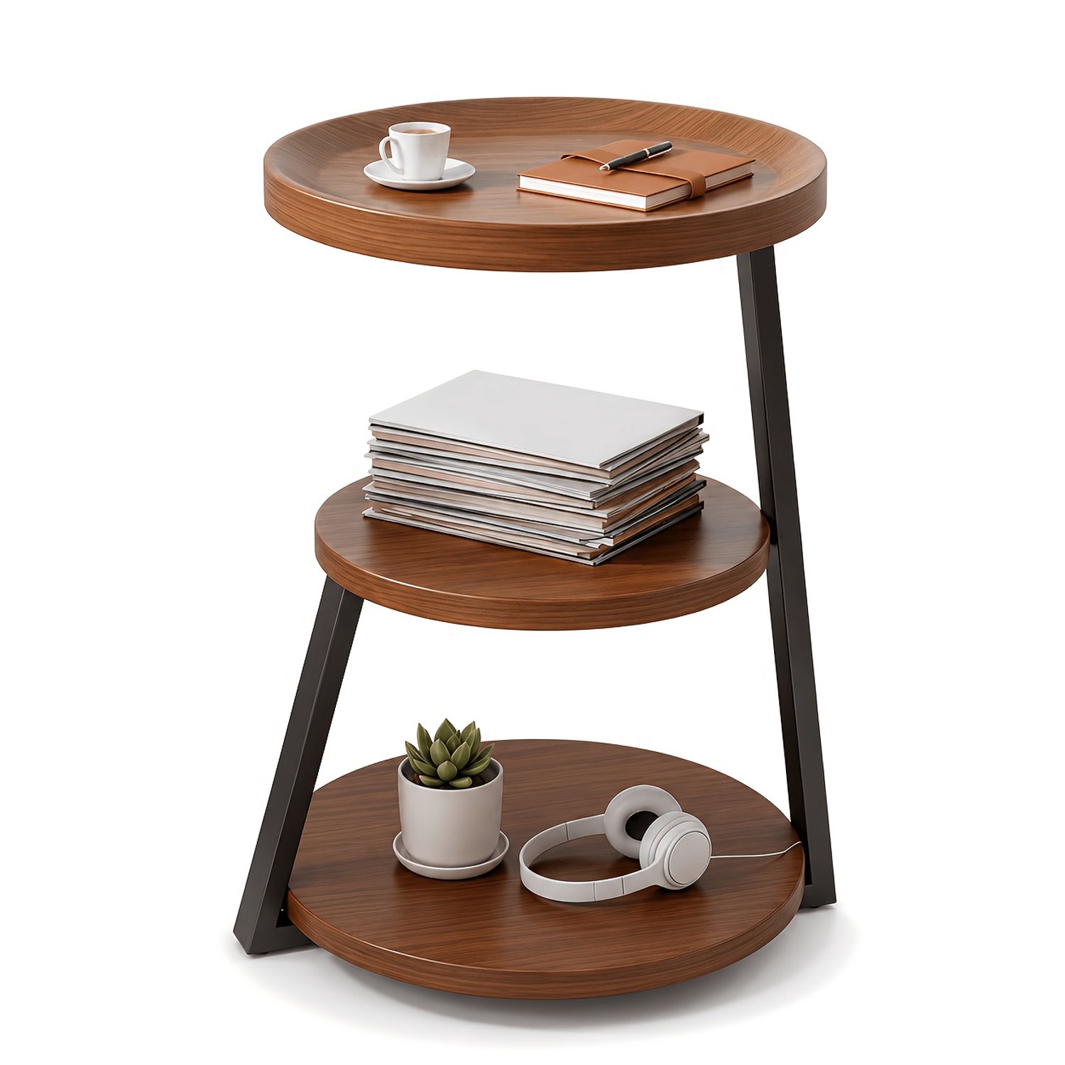 Mura Logistiek Mura Salontafel - Nachtkastje - Koffie Tafel - Bijzettafel - Plantentafel - Ronde Tafel - 3 Lagen - Hout - Metaal - Bruin+Zwart Bruin/Zwart