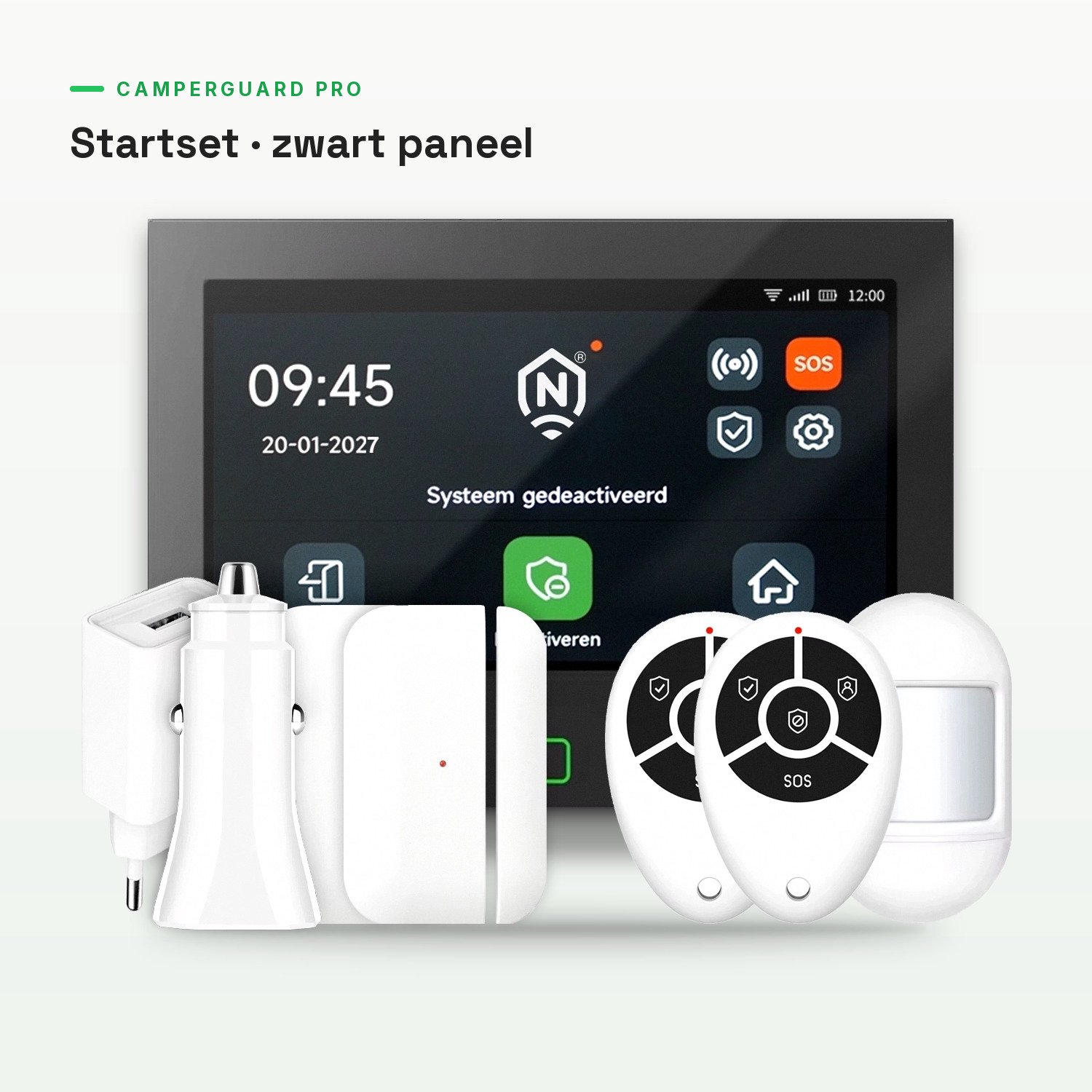 CamperGuard® Pro Alarmsysteem – Startset - Zwart paneel - Camper/Caravan – Draadloos & Uitbreidbaar – Simkaart, SMS & Oproepmelding – Zonder Abonnement