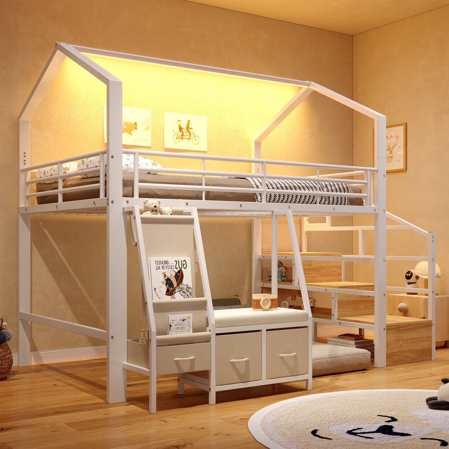 Zubaliya Stapelbed, 140 x 200 cm, Metalen bedframe, Stoffen planken, Lades en Ladekastjes, LED-lichtstrip, Zonder matras, Wit