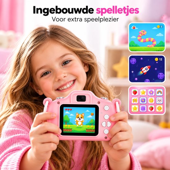 Kind dat een roze camera vasthoudt met ingebouwde spelletjes zoals een slangenspel en ruimte-avontuur.