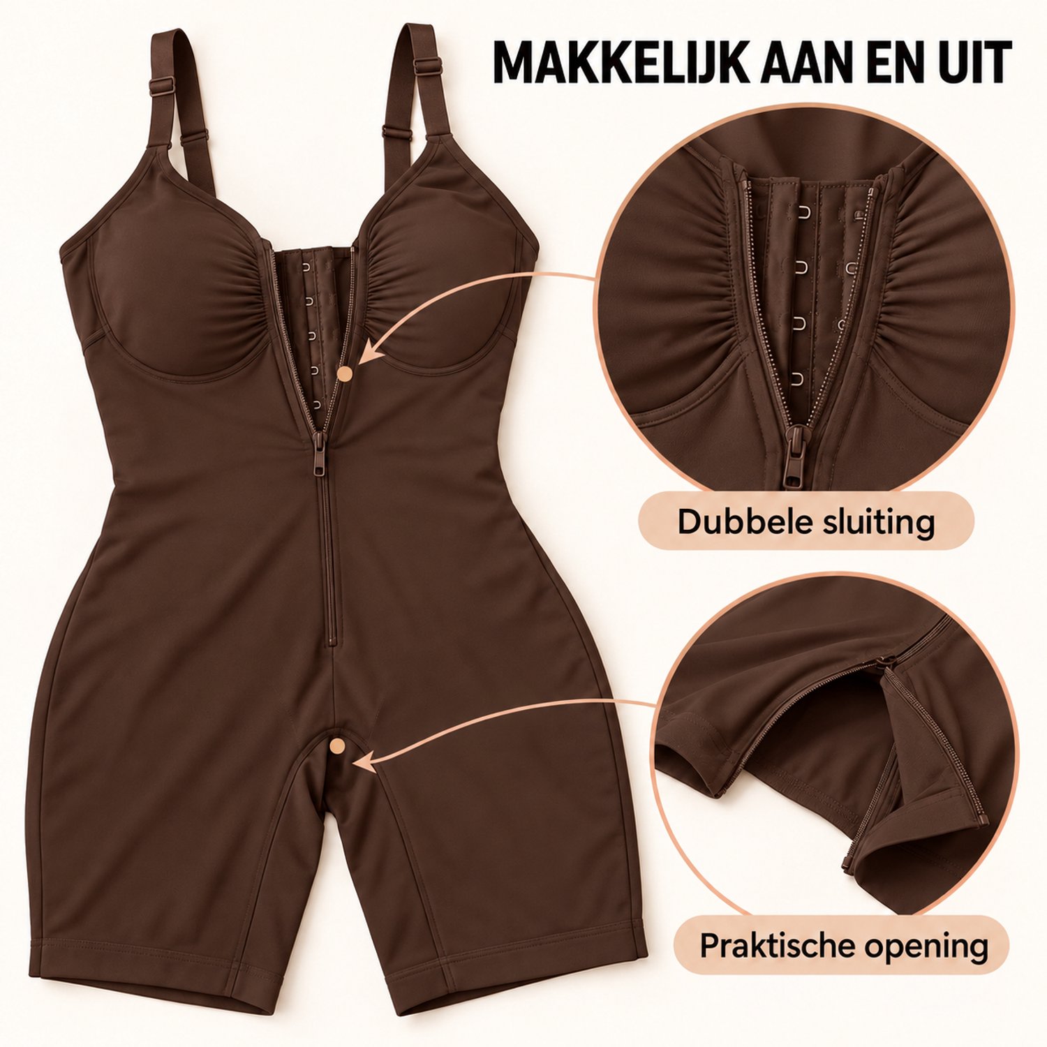 KZQ Naadloze corrigerende bodysuit voor dames – voor een plattere buik en een slankere taille - XL - bruin
