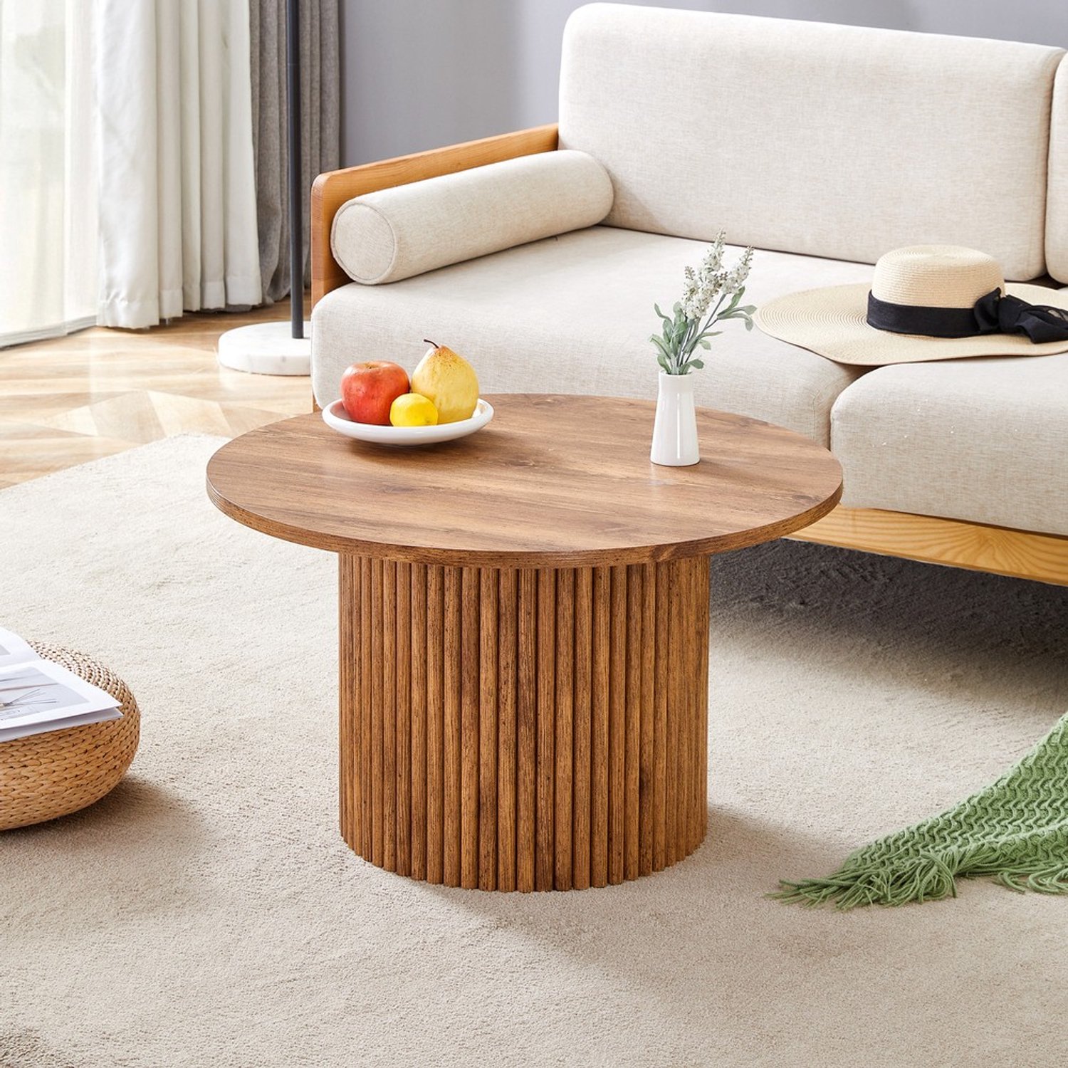 Pugsdrly Salontafel van MDF met een diameter van 70 cm: Ronde bijzettafel met Romeins zuilontwerp, geïntegreerd metalen frame, retro-luxe stijl voor de woonkamer. Perfect voor Europese woonruimtes. Hout