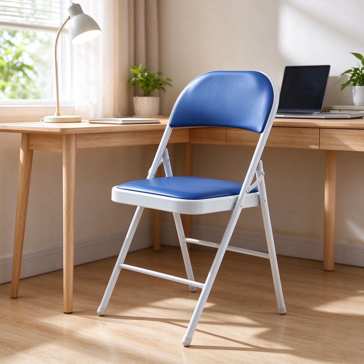 learnlogic Blauwe opklapbare stoel van PU-metaal 47x45x79 cm, geschikt voor trainingen thuiswerkplekken studentenkamers en eetruimtes.
