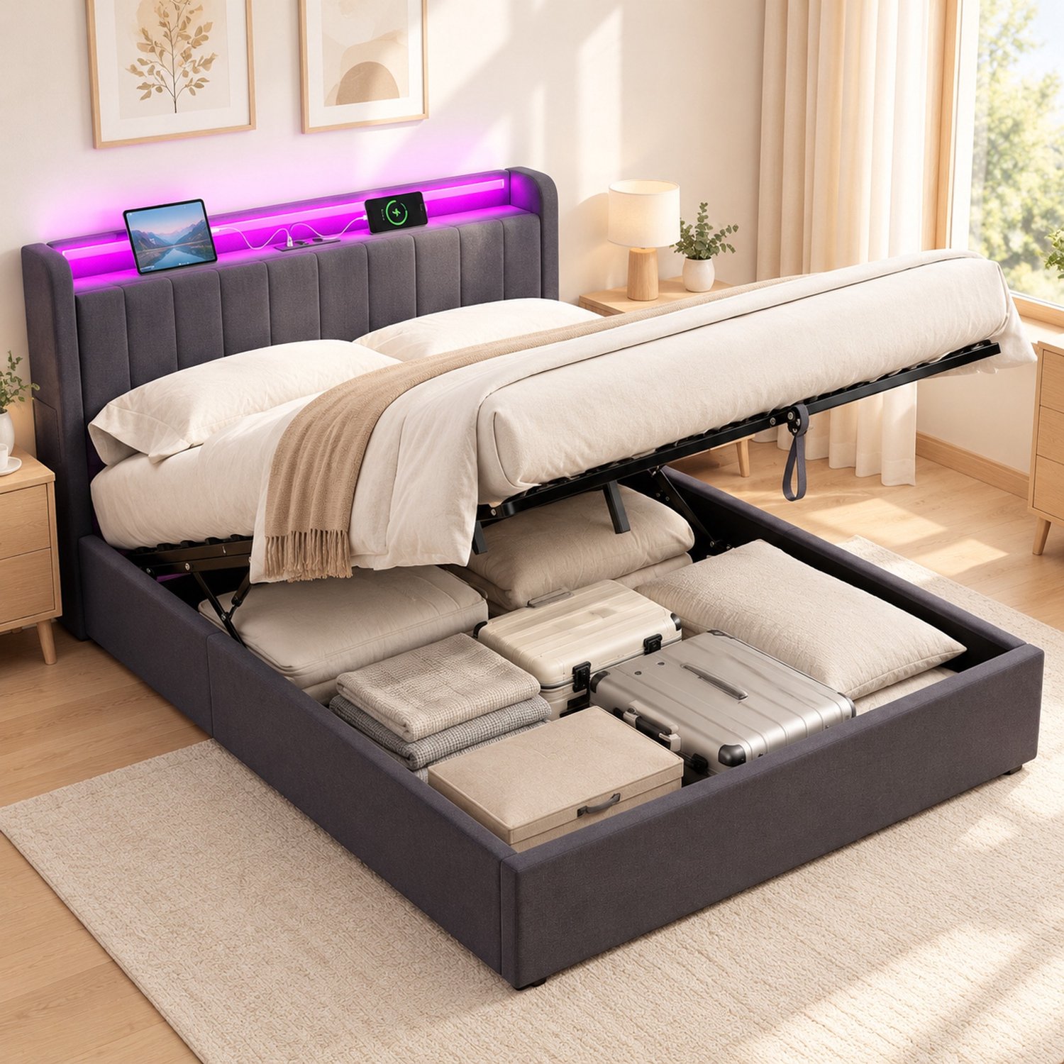 OKWISH Bedframe met Opbergruimte – 160 x 200 cm – Fluweel, Metaal en Hout – Donkergrijs – Met Usb Aansluiting en Ledverlichting voor Slaapkamer