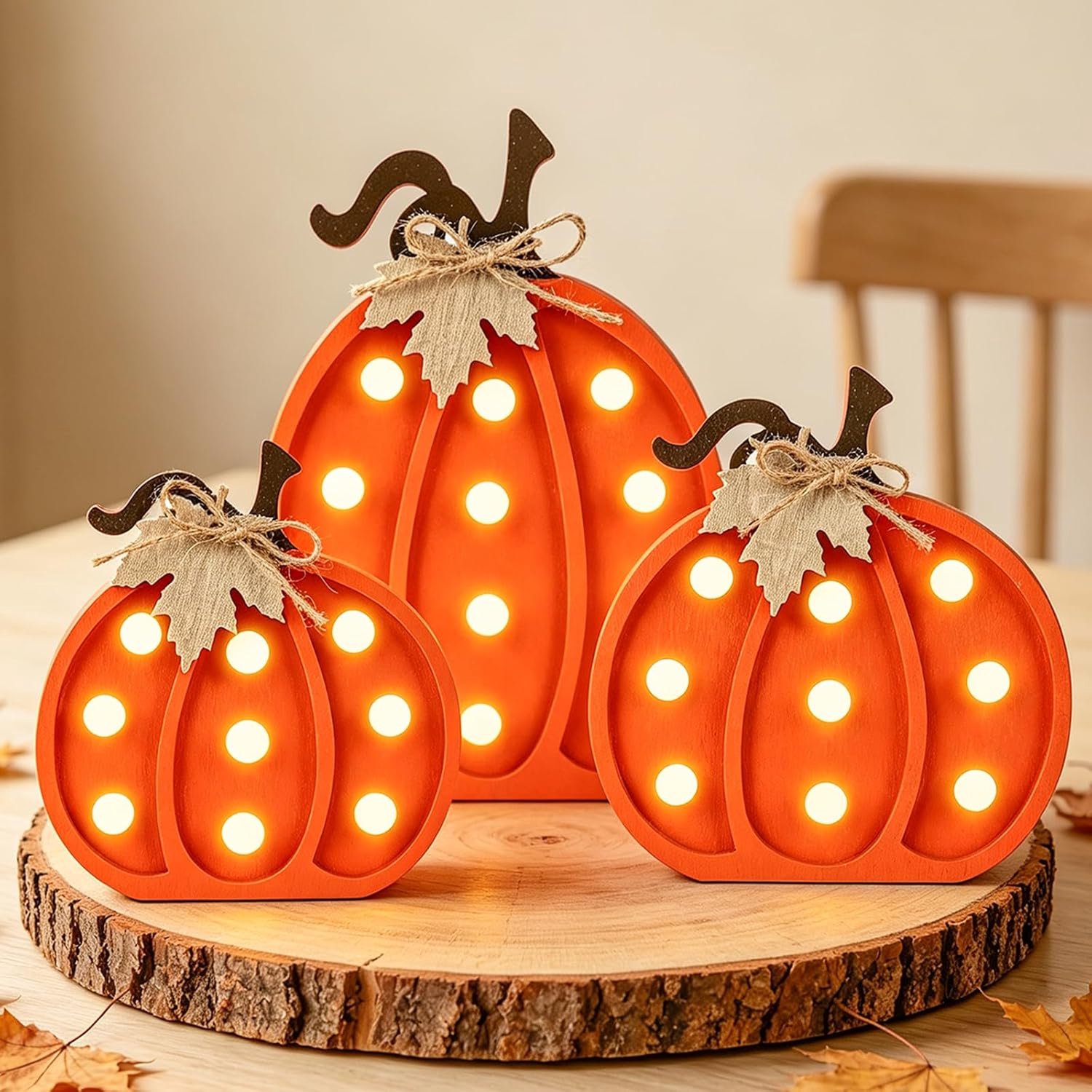 Pompoenen van hout, lichtgevende herfstdecoratie, set van 3