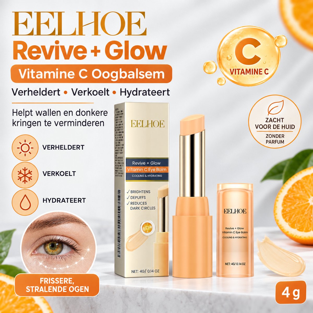 EELHOE Vitamine C Oogbalsem Stick – Verkoelende & Hydraterende Oogverzorging – Helpt Donkere Kringen en Wallen te Verminderen – Voor Frissere Oogcontour – Compacte Eye Balm voor Dagelijks Gebruik – Verzorgende Formule