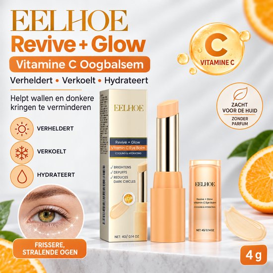 Eelhoe Revive + Glow Vitamine C Oogbalsem in stickvorm, hydraterend en verkoelend voor de oogcontour.