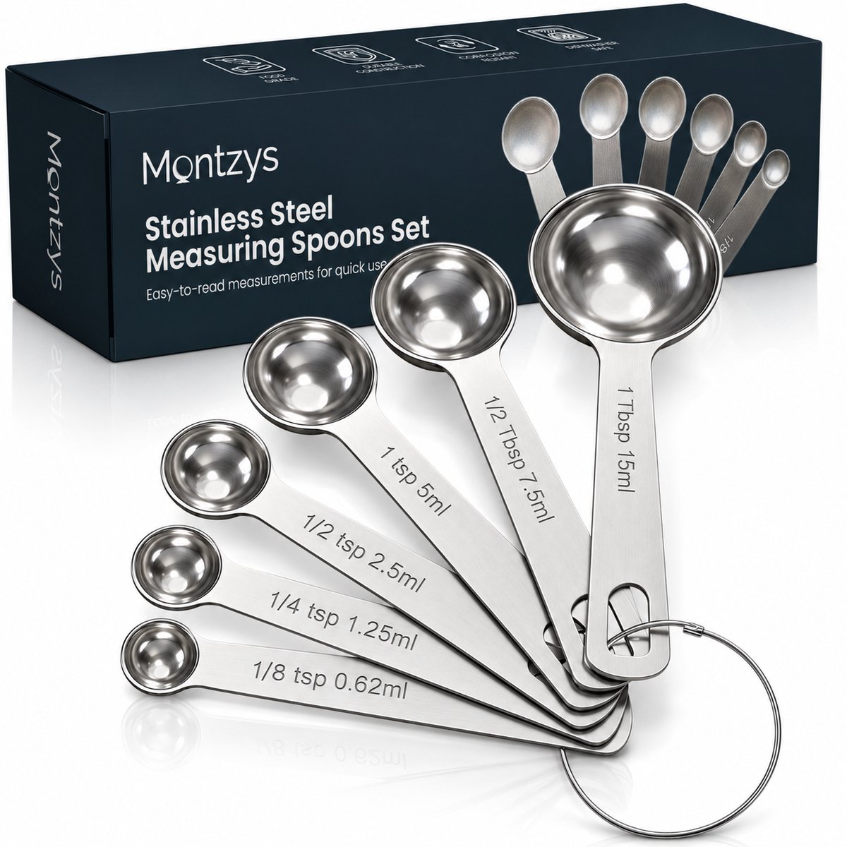 Montzys® Maatlepels Set 6 Stuks - RVS Maatlepel van 0,62 tot 15 ml - Maatschepjes & Meetlepels voor Bakken & Koken - Theelepel & Eetlepel Maat