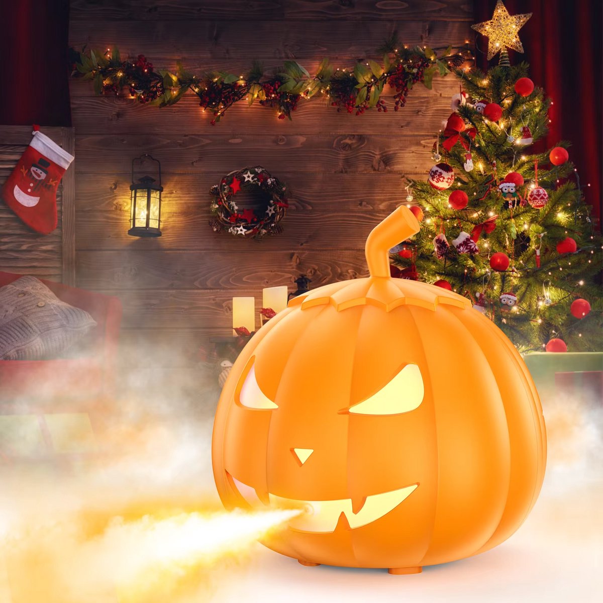 CreateEcom halloween decoratie - rookmachine - 600W RGB 6 LED Pompoen Rookmachine voor Halloween Decoratie - met Afstandsbediening & 12 Kleurige Lichteffecten Rookmachine - oranje