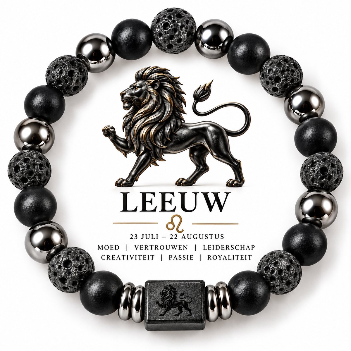 S4H® Leeuw Sterrenbeeld Armband – 18 cm – 8 mm Lavasteen, Zwarte Agaat & Hematiet – Leo Zodiac Edelstenen Armband – Unisex