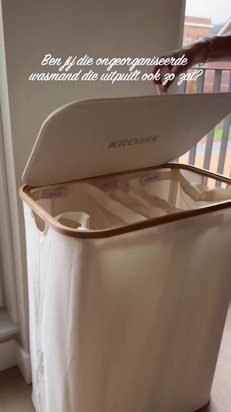 KROMS Wasmand 3 vakken - Beige - Inclusief NL & ENG labels - Wassorteerder bamboe - Laundry basket - Wasmand met deksel - 145 L