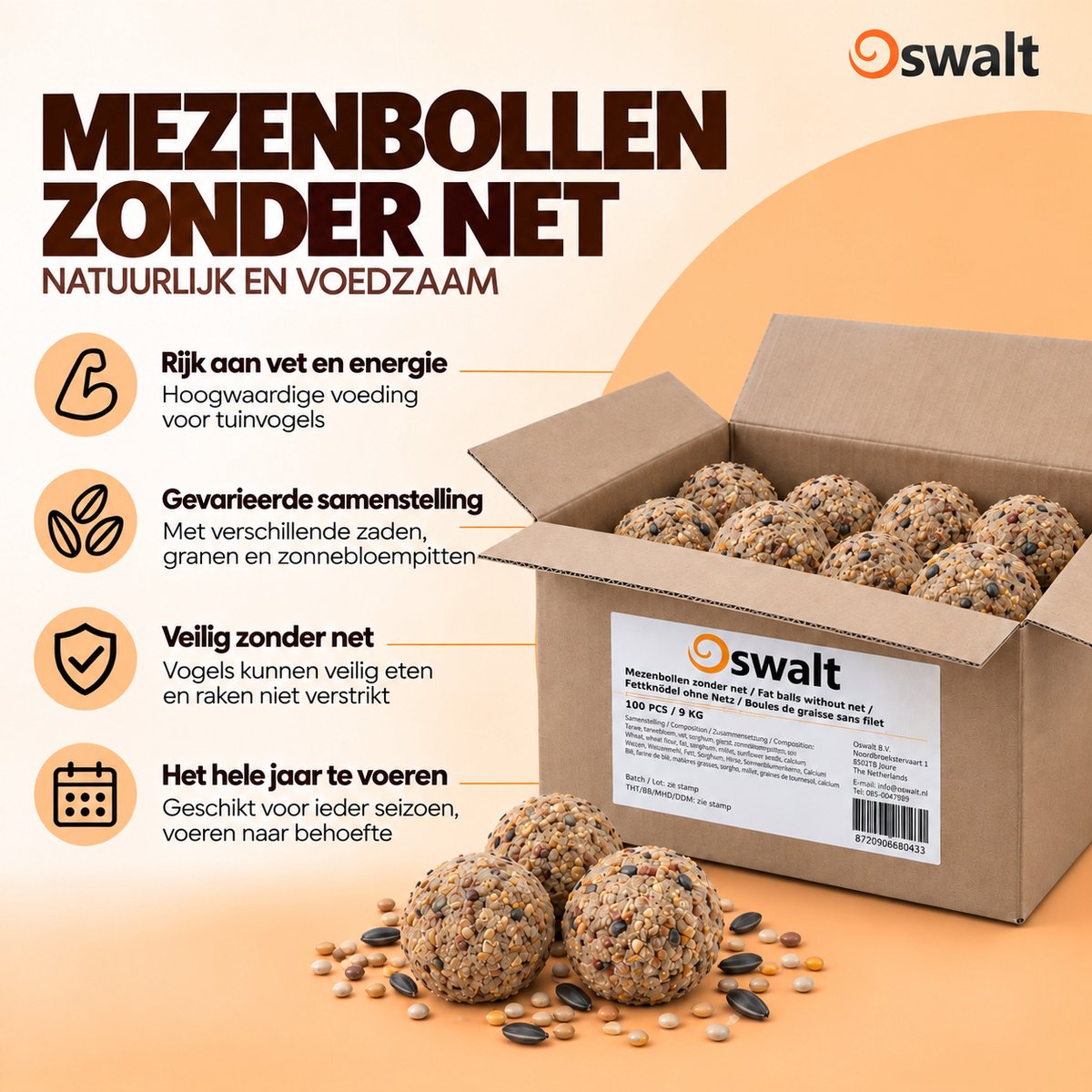 Oswalt Mezenbollen Zonder Net - Tuinvogels - Vetbollen - 100 Stuks