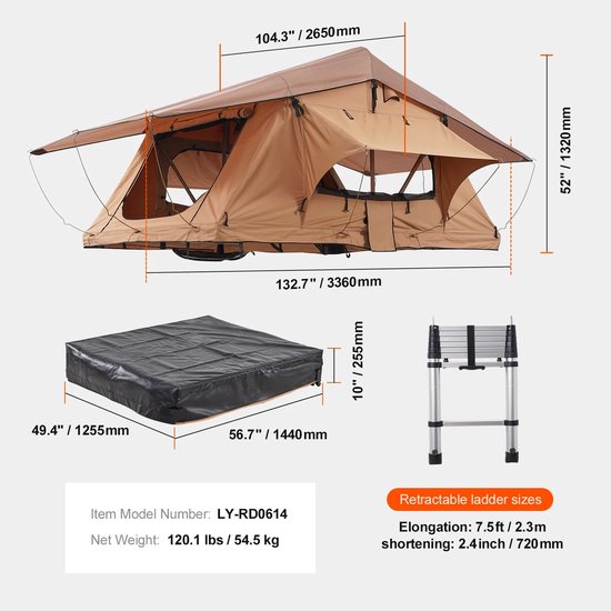 Novari - Daktent auto - Tent - Auto - Uitgeklapte afmetingen 336x265x132 - Waterbestendig - Incl. ladder, matras en verlichting — afbeelding 3