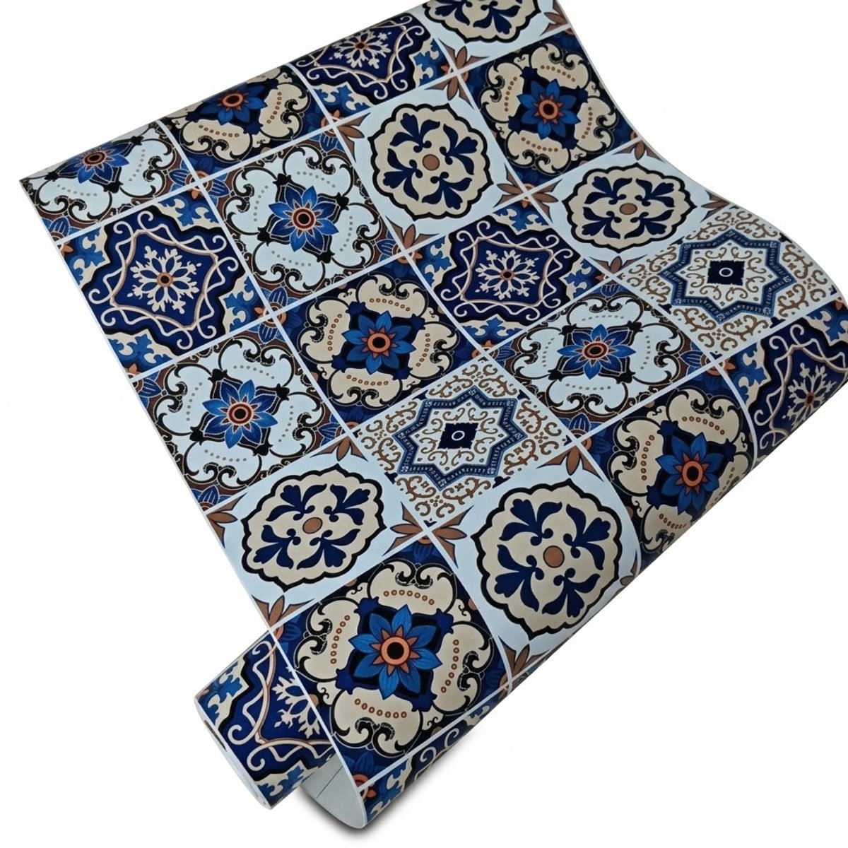 NUVEX Tegelstickers blauw beige en wit – decoratieve muur stickers met bloem en mozaïek patroon – vierkante tegel decoratie voor keuken badkamer achterwand muur en meubel – bohemian stijl Blauw, beige, wit