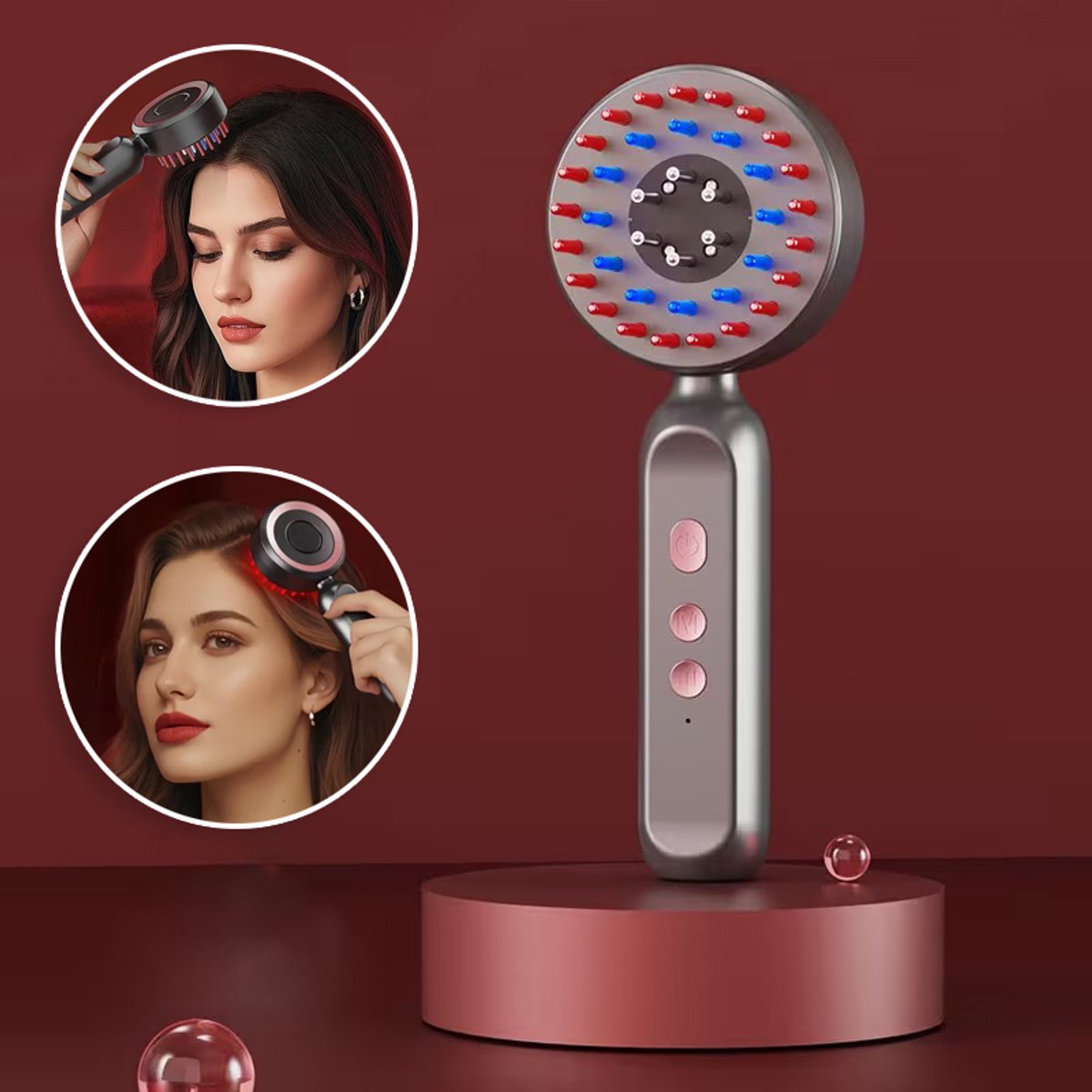 Elektrische Hoofdmassage Kam met 3 Vibratiemodi - Scalp Massager met Serum Reservoir Rood/Blauw Licht - Ergonomisch Handvat - USB Oplaadbaar voor Haargroei Ontspanning - Grijs