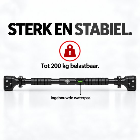 Zwarte B-Physic pull-up bar, sterk en stabiel, belastbaar tot 200 kg. Met "Ingebouwde waterpas".