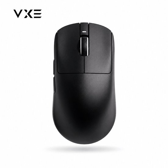 Zwarte VXE gamingmuis, top view, met scrollwiel en twee knoppen.