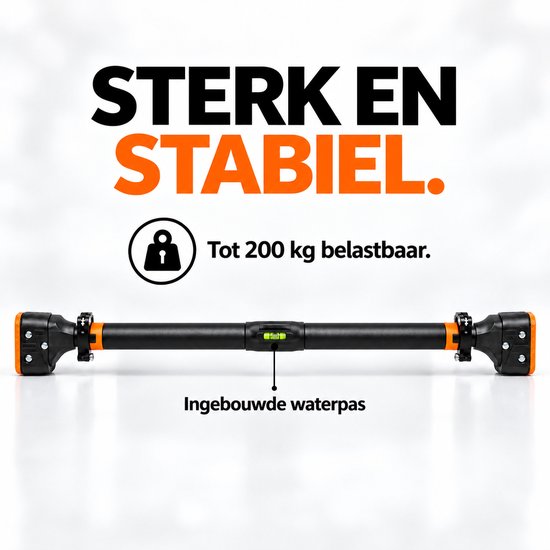 Zwarte en oranje stang met waterpas, tot 200 kg belastbaar.