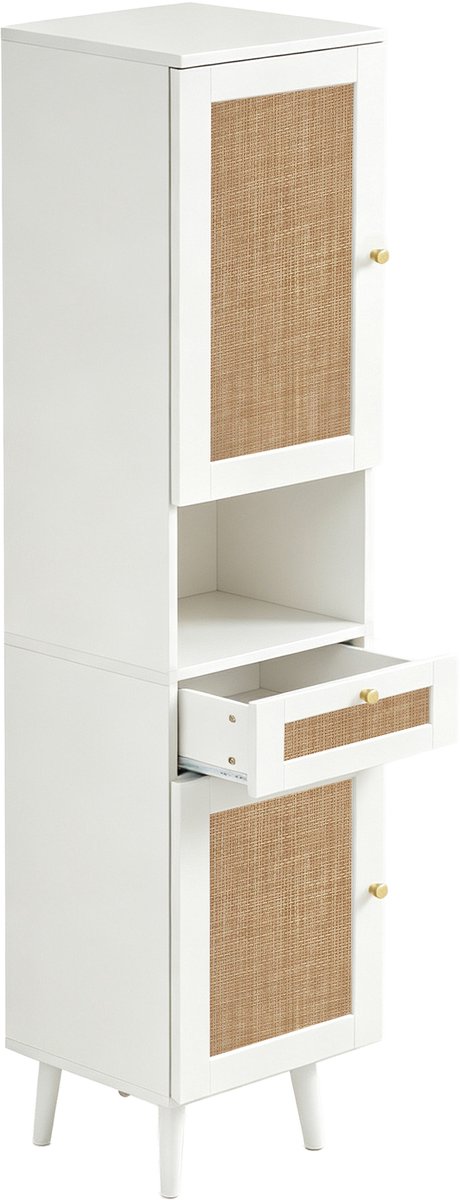 Badkamerkast Met Rotandeuren - Hoge Witte Opbergkast Met Lade En Open Vakken - Smalle Kast Voor Handdoeken En Cosmetica - MDF - 40 X 30 X 166 Cm