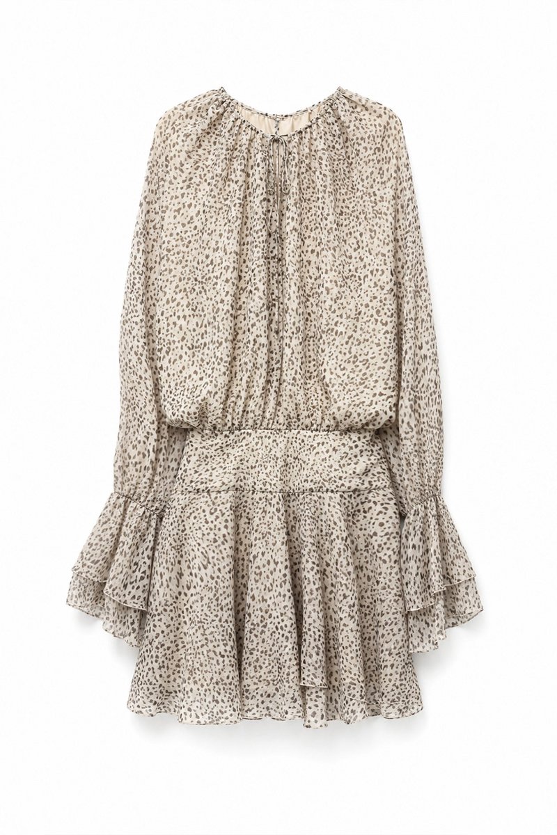 Van Verla - Jurk met strik en leopardprint Dames - Lange mouw - Ronde hals - Beige - Maat M