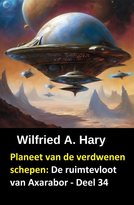 Couverture de livre : vaisseaux spatiaux au-dessus d'une planète désertique. Texte : Wilfried A. Hary, Planeet van de verdwenen schepen, Deel 34.