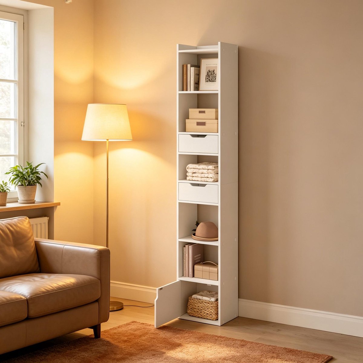Witte Smalle Boekenkast - Hoge Opbergkast Met Open Vakken - Boekenkast Met Laden En Deur - Voor Woonkamer, Keuken Of Kantoor - Hout Wit