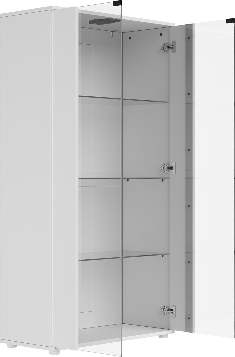 Vitrinekast Met 2 Glazen Deuren - 4 Legplanken - Verstelbare Ledverlichting - Voor Woonkamer, Eetkamer Of Kantoor - Wit - 80 X 36 X 150 Cm