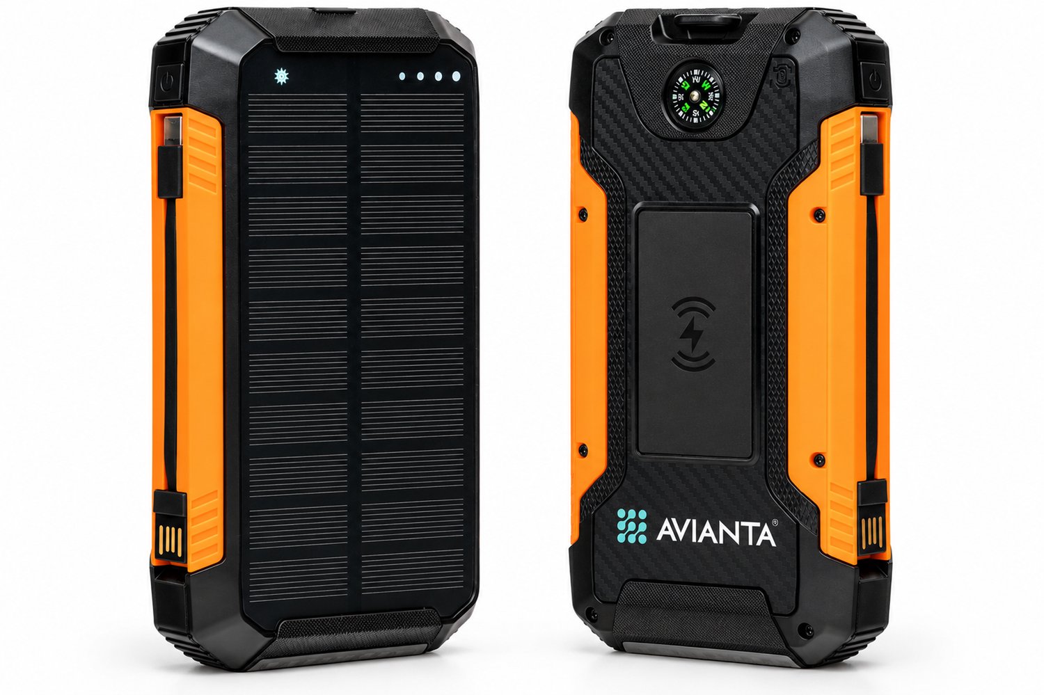 Solar Powerbank 27000 mAh - AVIANTA® Powerbank Zonneenergie - Noodpakket - Snellader 22,5W - Ingebouwde Kabels - Draadloos Opladen - USB-A/USB-C/Lightning - Zaklamp Led - Kompas - 430 Gram - Oranje