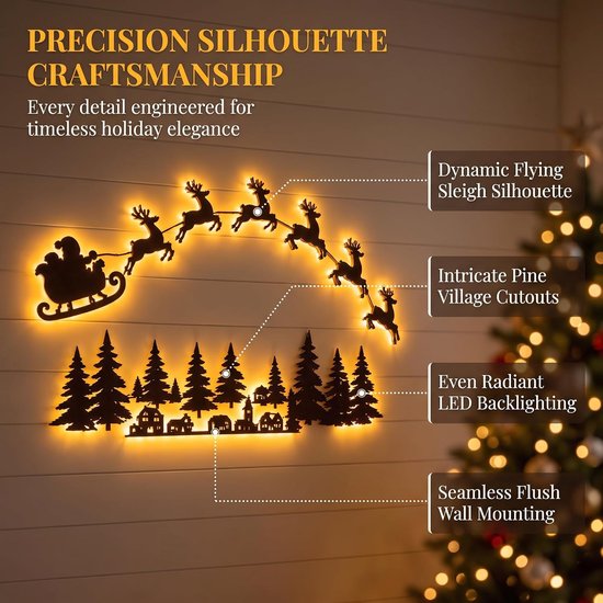 Houten kerstdecoratie met kerstman, rendieren, kerstbomen en huizen, met nauwkeurige silhouet-ambacht en LED-achtergrondverlichting.