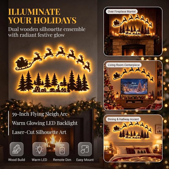 Dual houten silhouet kerstdecoratie met kerstman, rendieren, dorp en warme LED-verlichting. Inclusief afstandsbediening.