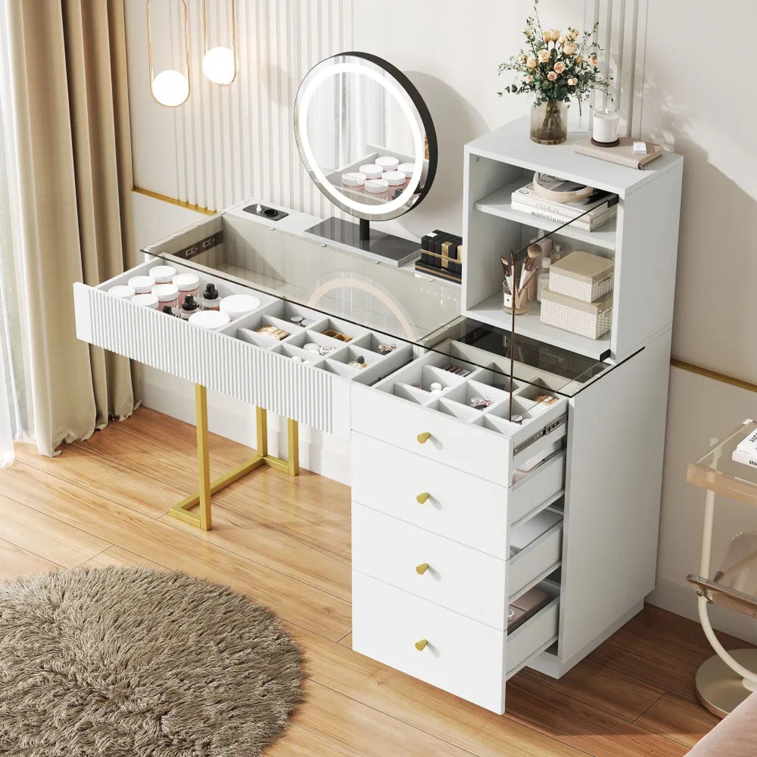 Gudalio Make Up Tafel - Kaptafel - LED spiegel - 3 Lichtkleuren - 5 lades - Glazen Blad - Modern design - 120 x 120 x 40 cm - Wit