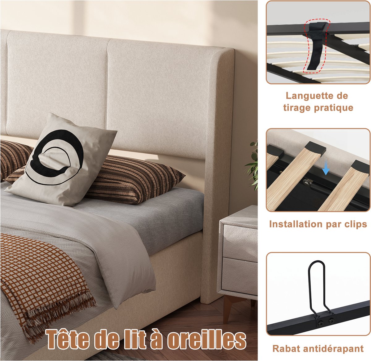 Opbergbed 160x200 cm - Beige Bedframe in Linnen Look - Tweepersoonsbed met Hydraulisch Opbergsysteem en Ruime Opbergruimte thumbnail 2