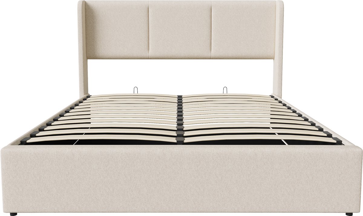 Opbergbed 160x200 cm - Beige Bedframe in Linnen Look - Tweepersoonsbed met Hydraulisch Opbergsysteem en Ruime Opbergruimte thumbnail 5