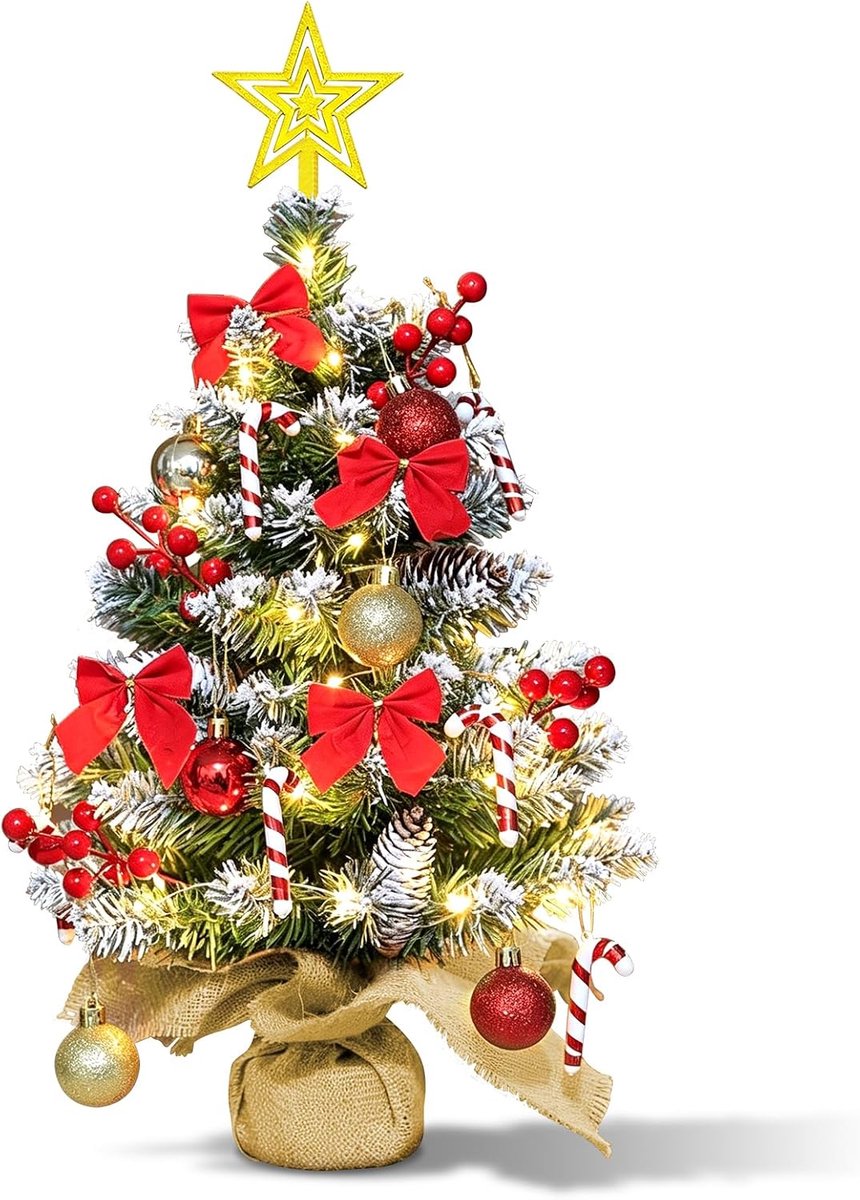 Kunstkerstboom van 60 cm, klein, met verlichting, inclusief kerstboompiek, ster, kerstbal, bessen, geschikt voor thuis, kantoor, winkel, eettafel, kerstdecoratie (wit)
