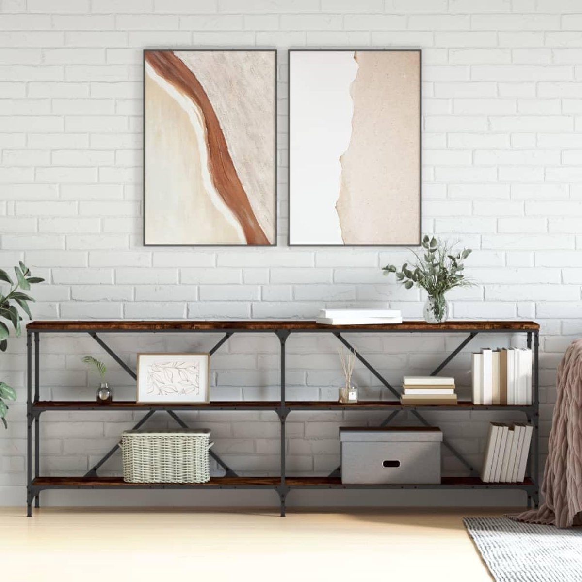 Consoletafel, 200 cm, rookeikenlook, haltafel met ijzeren frame, stabiele salontafel voor woonkamer, entree en hal, industrieel design