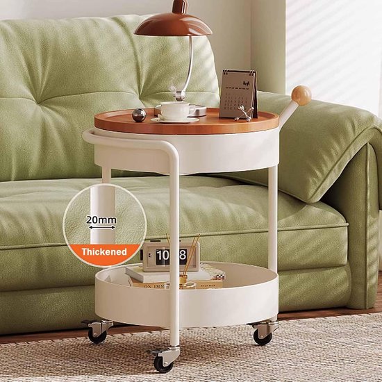 2-Tier Wit Metalen Eindtafel, Roterende Houtnerf Desktop, Verborgen Opslag & 360° Rolling Wielen voor Slaapkamer — afbeelding 5