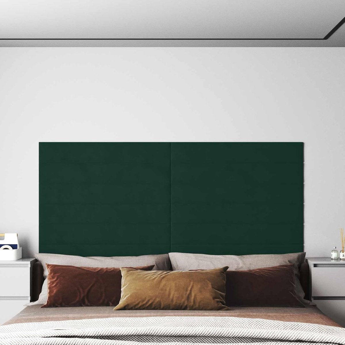 Hoofdeinde voor wandbord, set van 12, donkergroen, fluweel, wandpaneel, bekleding voor slaapkamer, 90 x 15 cm
