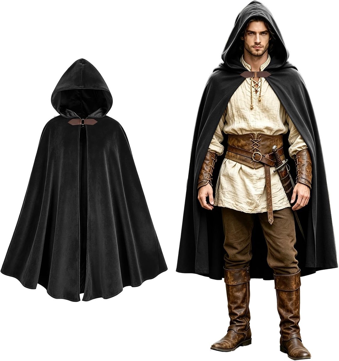 Middeleeuwse jas met capuchon voor heren, middeleeuwse jas met capuchon voor carnaval, Halloween, kostuum voor volwassenen, uniseks, dames en heren